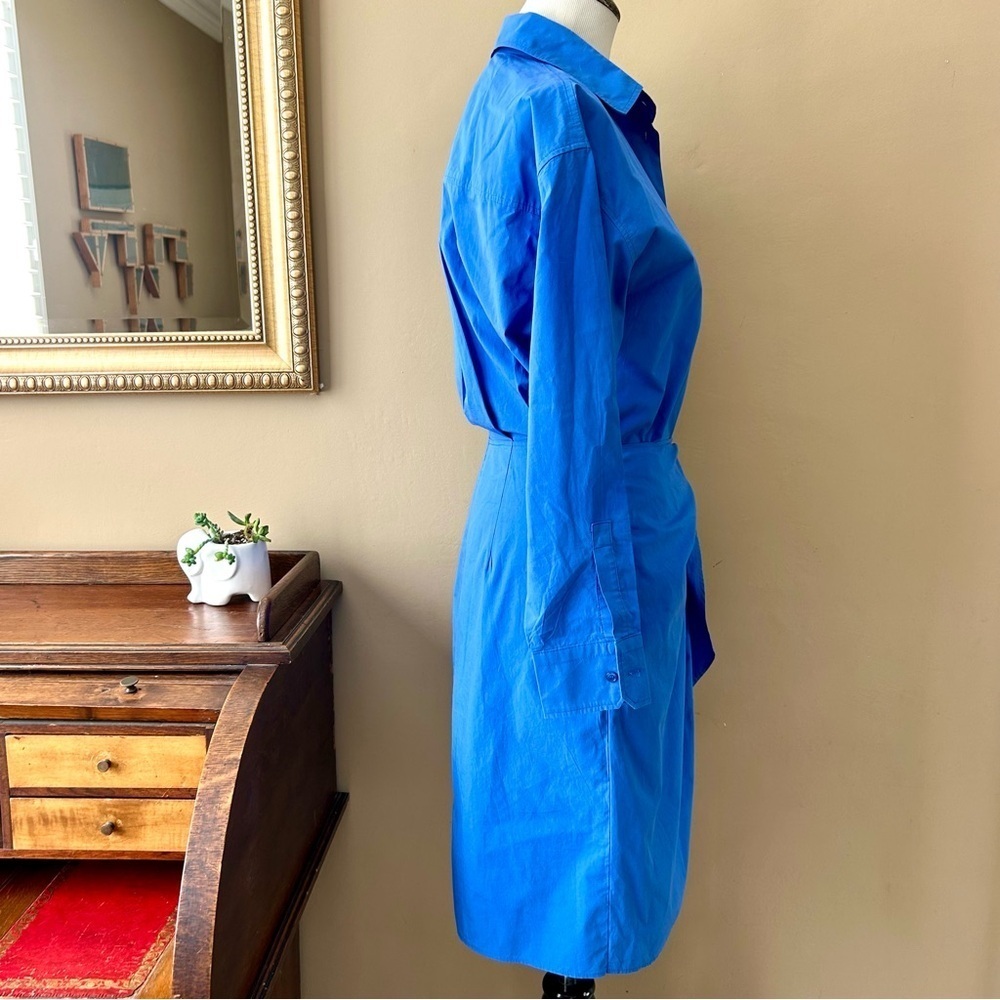 Max Mara Poplin Shirt Dress Royal Blue Long Sleeve Side Tie Button Front Size 4 - Picture 7 of 11